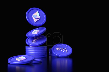 Photo for Ethereum proof of stake cryptocurrency tokens in motion forming stacks. Illustration with empty space suitable for news and ads. High quality 3D rendering. - Royalty Free Image