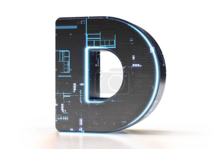 Téléchargez les photos : Caractère futuriste du lettrage 3D D. Convient aux concepts de technologie, d'électronique, d'ingénierie, de numérique, de jeu, de science-fiction et de robotique. rendu 3D de haute qualité. - en image libre de droit
