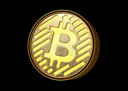 Téléchargez les photos : Affichage du logo Bitcoin en or avec néons. Conception crypto-monnaie clignotant pour illustrer les annonces et les nouvelles. rendu 3D de haute qualité. - en image libre de droit