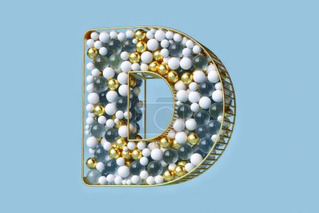 Photo for Creative 3D fantasy lettering made of floating spheres in gold, crystal and white colors. Letter D suitable for beautiful advertising compositions or for decorative design projects. High definition 3D rendering. - Royalty Free Image