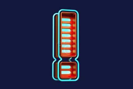 Photo for 3D retro modern neon font. Shiny exclamation point in orange with cyan lines. High quality 3D rendering - Royalty Free Image