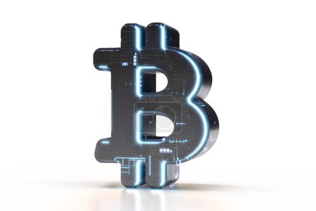 Téléchargez les photos : Logo Bitcoin 3D conçu dans un style informatique futuriste. Convient pour la technologie, l'électronique, l'ingénierie, le numérique, les jeux, la science-fiction et les concepts miniers blockchain. rendu 3D de haute qualité. - en image libre de droit