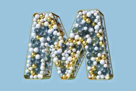 Photo for Christmas spheres 3D typography of gold, glass and white floating in a golden structure. Beautiful letter M in a luxurious creative concept. High quality 3D rendering. - Royalty Free Image