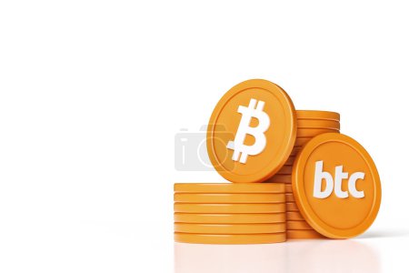 Téléchargez les photos : Ensemble de piles et de pièces Bitcoin montrant le logo et le ticker. Conception illustrative adaptée aux concepts de crypto-monnaie blockchain. rendu 3D de haute qualité. - en image libre de droit