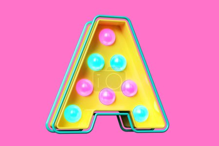 Photo for Nostalgic light bulb marquee alphabet in yellow, pink and blue. Colorful 90s style typography 3D letter A. High quality 3D rendering. - Royalty Free Image