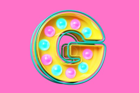 Photo for Eye-catching 90s style font 3D letter G in yellow, pink and blue. Nostalgic light bulb marquee lettering. High quality 3D rendering - Royalty Free Image