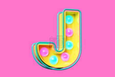 Photo for Light bulb marquee font in yellow, pink and blue. 80s style typography 3D letter J. High quality 3D rendering - Royalty Free Image