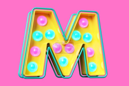 Foto de Ochenta bombilla tipografía marquesina letra M en amarillo con luces rosadas y azules. Renderizado 3D de alta calidad - Imagen libre de derechos