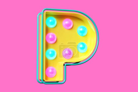 Photo for Eighties style font letter P in yellow with pink and blue luminous dots. Light bulb marquee typography. High quality 3D rendering - Royalty Free Image