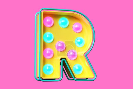 Foto de Colorida tipografía retro moderna carácter R en amarillo con puntos luminosos rosados y azules. Cartas de bombilla de carpa. Renderizado 3D de alta calidad - Imagen libre de derechos