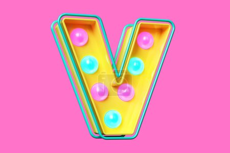 Photo for Dotted typography 3D letter V. Light bulb marquee alphabet in yellow, blue and pink. High quality 3D rendering - Royalty Free Image