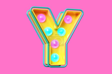 Photo for Light bulb marquee 3D letter Y in yellow with pink and blue lights. High quality 3D rendering - Royalty Free Image