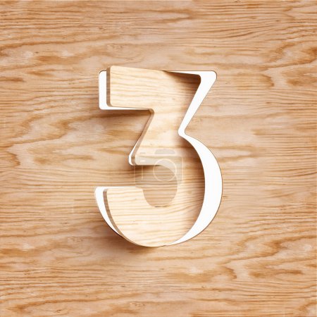 Photo for Wooden cutout and rotated font digit number 3. High quality 3D rendering. - Royalty Free Image