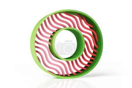 Foto de Letra de estilo de fuente de plástico O diseñada en 3D con bordes verdes y rayas rojas. Renderizado 3D de alta calidad. - Imagen libre de derechos