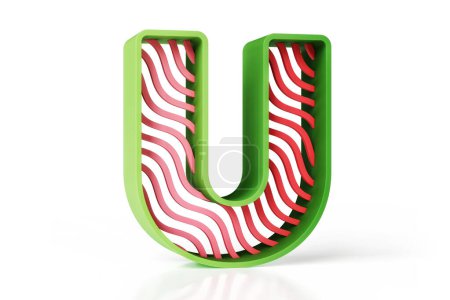 Foto de Letra U mayúscula hecha de contorno verde y ondulado interior rojo rayado. Diseño 3D de letras afrutadas de alta resolución adecuado para encabezados, carteles, anuncios o proyectos web. Renderizado 3D de alta calidad. - Imagen libre de derechos