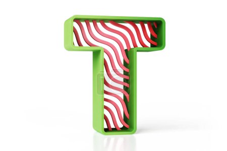 Photo for 3D letter T designed with green outline and red wavy striped pattern. Fun kids style lettering. High resolution 3D rendering. - Royalty Free Image