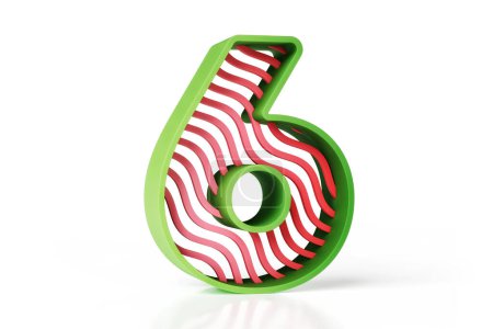 Téléchargez les photos : 3D numéro 6 d'un style moderne et joyeux de couleurs vertes et rouges. Lettrage de style rayures ondulées. rendu 3D de haute qualité. - en image libre de droit