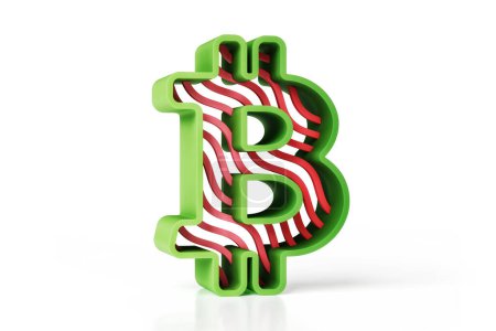 Foto de Bitcoin signo 3D verde y rojo mate icono de rayas con un diseño de contorno verde extruido. Ilustración de alta resolución ideal para encabezados, carteles, anuncios o proyectos web. Renderizado 3D. - Imagen libre de derechos