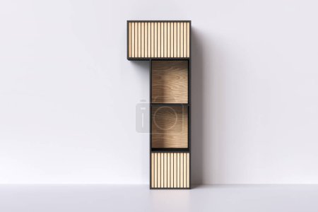 Téléchargez les photos : Armoire en bois de style japandi en forme de numéro 1. Rayonnage inspiré par le mélange de styles décoratifs scandinave et japonais. rendu 3D. - en image libre de droit