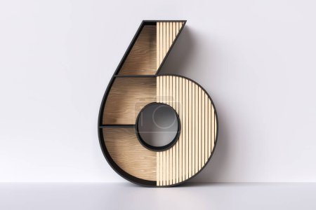 Foto de 3D número 6 en forma de estantería de madera. Ideal para su uso como expositor de objetos decorativos de estilo japonés o escandinavo. Renderizado 3D. - Imagen libre de derechos