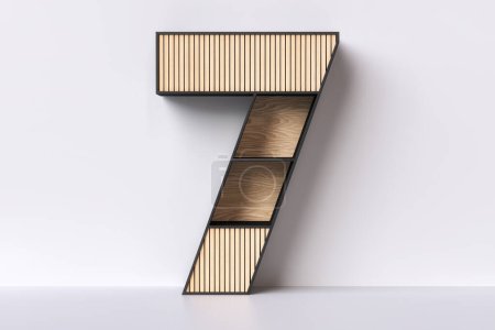 Photo for Wood number 7 with shelves and oak slats. Design inspired by the interior decorating trend of the japandi style. 3D rendering. - Royalty Free Image