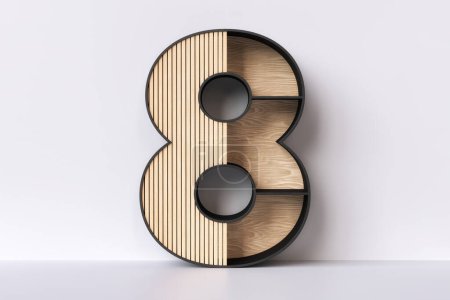 Téléchargez les photos : Rayonnage en bois numéro de police 8 avec lattes en chêne naturel. Concept de décoration intérieure de style Japandi. rendu 3D. - en image libre de droit