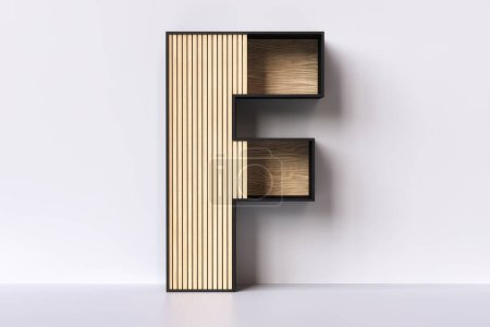 Téléchargez les photos : Rayonnage en bois lettre F. Idée de conception pour l'affichage de livres ou de petits objets décoratifs. rendu 3D. - en image libre de droit