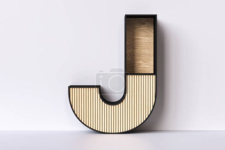 Photo for Wood letter J furniture shaped with empty spaces ideal for displaying products. Inspired in Japandi style aesthetics. 3D rendering. - Royalty Free Image