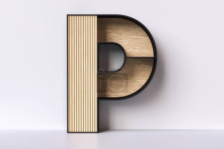 Photo for Wooden letter P in the shape of a shelving, japanese and scandinavian mixed interiorism  styles design idea concept. 3D rendering. - Royalty Free Image
