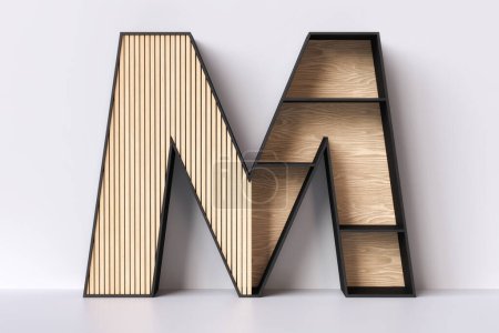 Téléchargez les photos : Alphabet en bois lettre M en lamelles et planches de bois de chêne. Rayonnage style design japandi, idéal comme modèle décoratif. rendu 3D. - en image libre de droit