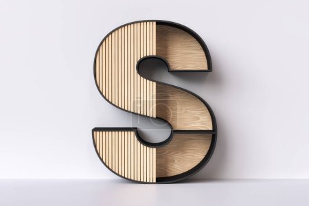 Photo for Wooden shelf in the shape of letter S with empty spaces to display products such as books, vases or cosmetics. Alphabet inspired by the meeting of Japanese design and Scandinavian minimalism home decor trends. 3D rendering. - Royalty Free Image