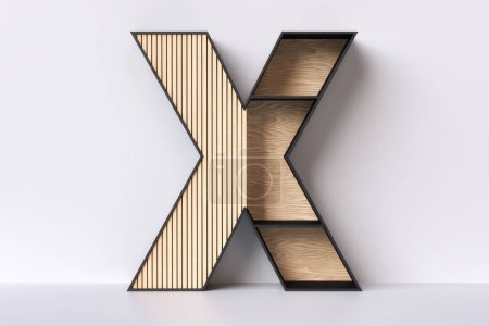 Foto de Letra de madera X diseño moderno en forma de unidad de estanterías. Inspirado en el estilo decorativo japandi. Diseñado con madera de roble con marco negro. Renderizado 3D. - Imagen libre de derechos