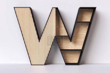 Photo for Wooden letter W in neutral color palette earth tones. Wooden shelving design modern and inspired by the japandi style, a mix between Scandinavian and Japanese decorative styles. 3D rendering. - Royalty Free Image