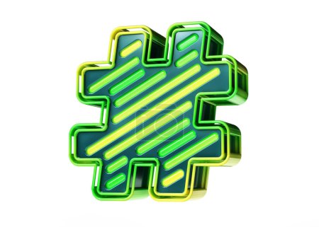 Téléchargez les photos : Symbole de hashtag 3D composé de néons jaunes et verts. rendu 3D de haute qualité. - en image libre de droit