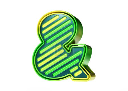 Téléchargez les photos : Fonte de style néon 3D. Symbole Ampersand conçu avec une palette de couleurs de tournesol en dégradé du vert au jaune. rendu 3D de haute qualité. - en image libre de droit