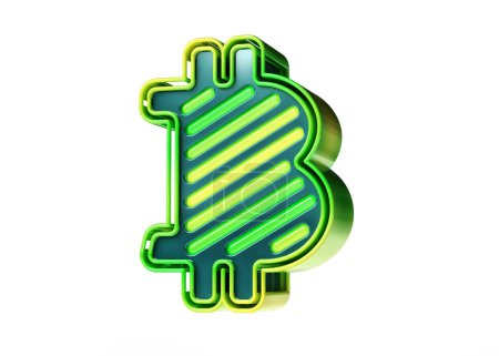 Foto de Impresionante logotipo Bitcoin 3D en neones gradiente de amarillo a verde. Renderizado 3D de alta calidad. - Imagen libre de derechos