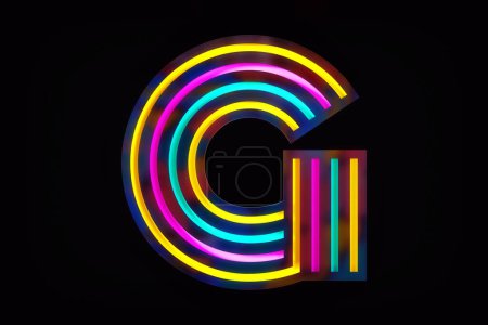 Téléchargez les photos : Lettre G alphabet de style design jeunesse. Fond sombre et lignes colorées lumineuses vibrantes. rendu 3D. - en image libre de droit