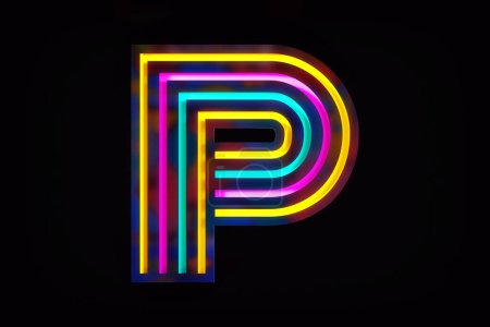 Photo for Colorful font letter P with blue, yellow and pink stripes with glowing effect. Futuristic and elegant lettering template. High quality 3D rendering. - Royalty Free Image