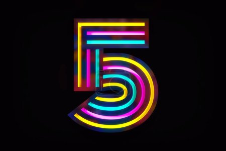 Photo for Colorful font number 5 with blue, yellow and pink stripes with glowing effect. Futuristic and elegant numbering template. High quality 3D rendering. - Royalty Free Image
