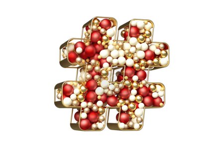 Photo for Hashtag sign filled with Christmas balls. Golden, red and white balls floating in a gold shape. High quality 3D rendering. - Royalty Free Image
