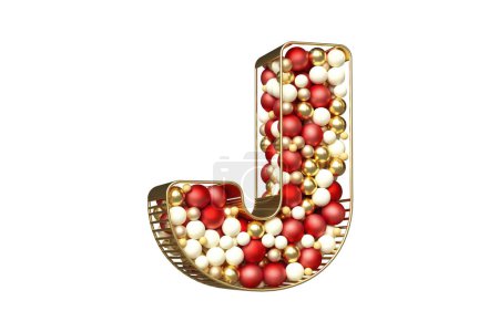 Téléchargez les photos : Fantaisie créative 3D Typographie de Noël faite de boules flottantes en or, rouge et blanc. Lettre J approprié pour de belles compositions publicitaires. rendu 3D avec fond transparent. - en image libre de droit