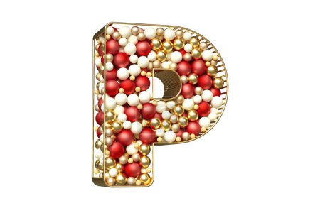 Photo for Christmas fantasy font made of floating balls in gold, red and white colors. Letter P suitable for winter festivity design projects. 3D rendering with transparent background. - Royalty Free Image