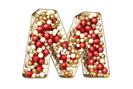 Photo for Christmas baubles 3D typography of red, golden and white balls floating in a golden structure. Beautiful letter M in a winter celebrations concepts. High quality 3D rendering. - Royalty Free Image