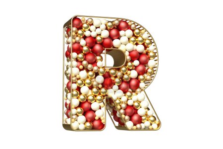 Téléchargez les photos : Police de Noël 3D de boules rouges, dorées et blanches flottant en forme de lettre R dorée. rendu 3D de haute qualité. - en image libre de droit