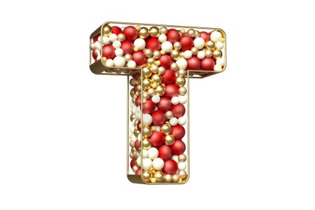 Photo for Fancy Christmas balls 3D typography of gold, red and white christmas baubles floating in a golden structure. Beautiful letter T with three-dimensional effect. High quality 3D rendering. - Royalty Free Image