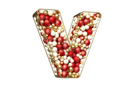 Photo for Creative font made of red, gold and white baubles, isolated letter V suitable for celebration and winter festive designs. High definition 3D rendering. - Royalty Free Image