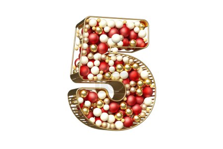 Téléchargez les photos : Fonte Christmas balls. Joli numéro 5 formé par un mélange de boules rouges, blanches et dorées flottant dans une structure tubulaire dorée. rendu 3D de haute qualité. - en image libre de droit