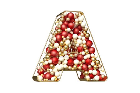 Foto de Representación de bolas de Navidad 3D con letras de oro, rojo y blanco flotando en una letra dorada. Hermosa letra A para el concepto de fiesta de invierno. Renderizado 3D de alta calidad. - Imagen libre de derechos