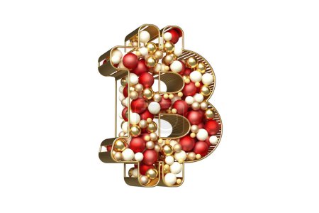 Photo for Bitcoin Btc symbol filled with Christmas red, gold and white balls. Illustration suitable for a holiday cryptocurrency concept. High definition 3D rendering. - Royalty Free Image