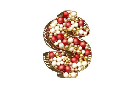 Photo for Dollar symbol made of red, gold and white Christmas baubles floating in a golden structure. Creative design suitable for advertisements, promotions and projects in a winter holidays concept. High quality 3D rendering. - Royalty Free Image
